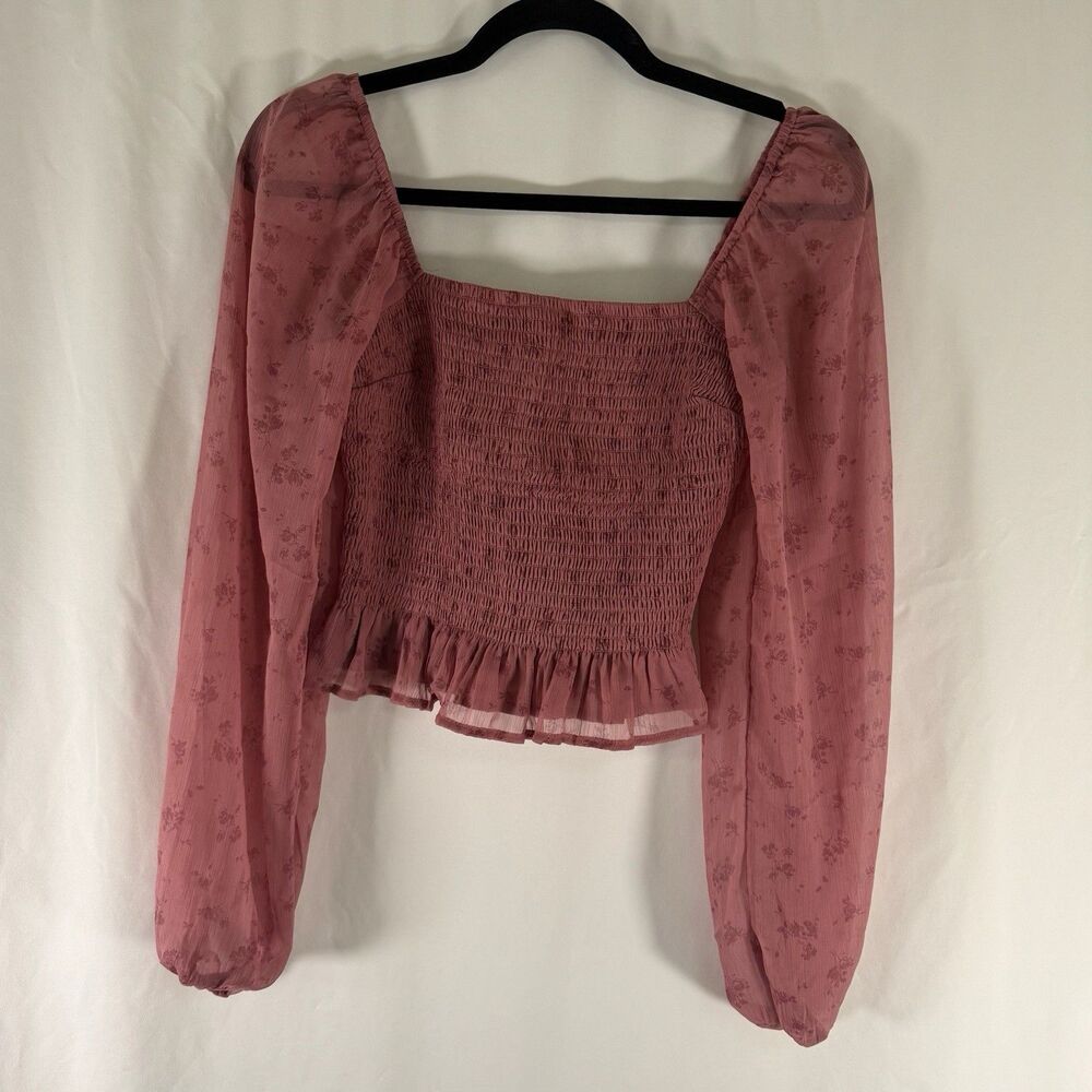 Hollister Crop Top Women's Small Pink Sheer Long Sleeve Smocked Square Neck